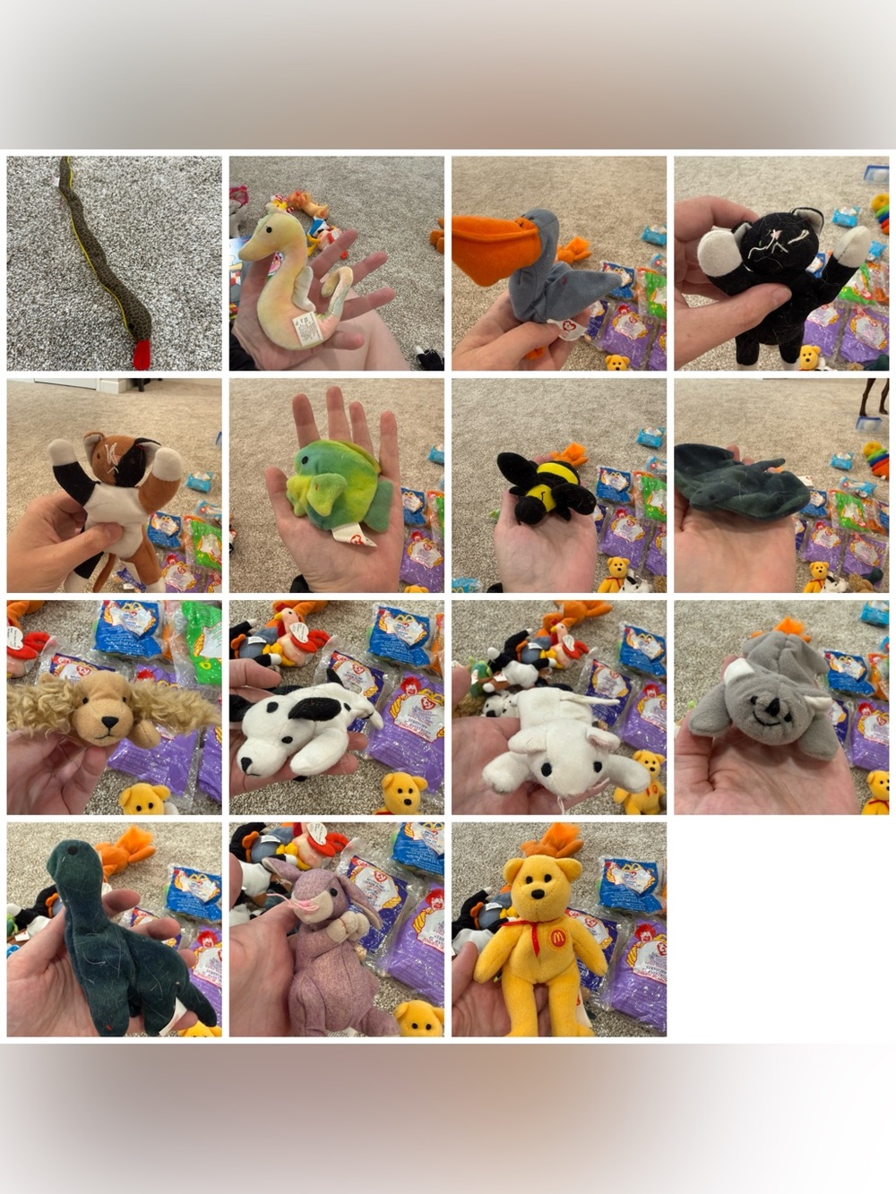 Ty Plush Mini Animals - Yellow, Orange, Green, Gray, Black, White, Pink, Brown